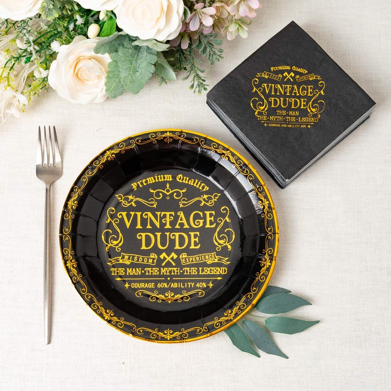 Crisky Vintage Dude Disposable Plates for Men Birthday Decorations Black Gold Dessert, Buffet, Cake, Lunch, Dinner Disposable Plates Men Birthday Party Table Supples, 50 Count, 9 inches - Image 4